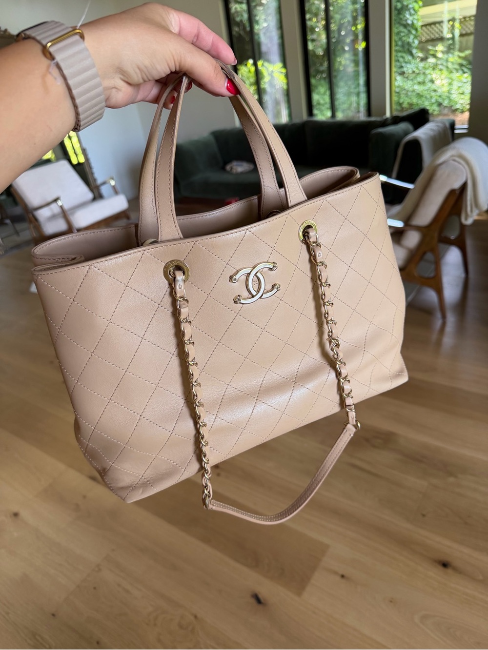 CHANEL Quilted Beige-Tone Leather Tote with Gold Chain Straps